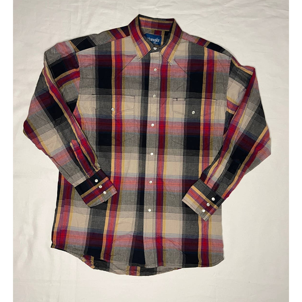 Wrangler Men's Long Sleeve Button Down Pearl Snaps Medium Navy Maroon Gold